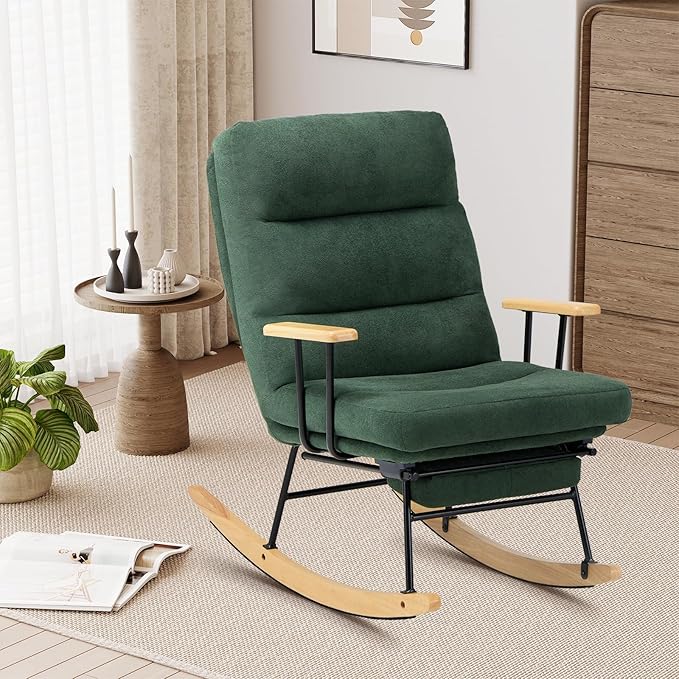 Rocking Chair with Footrest-Glider Rocker Chair with Retractable Footrest and Adjustable Backrest, Teddy Upholstered Rocking Chair, Modern Accent Chair for Living Room/Nursery/Bedroom/Outdoor-Green