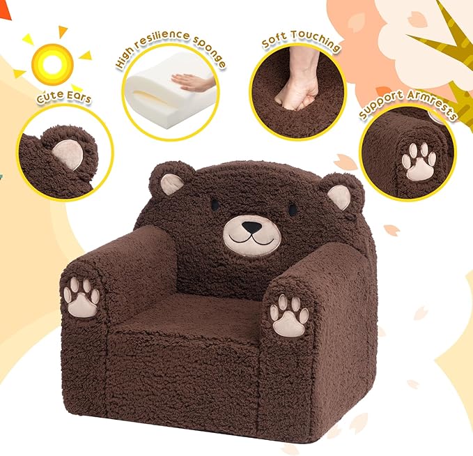 ALIMORDEN Toddler Couch Ultra-Soft Snuggle Chair, Comfy Sherpa Foam Filled Lovely Bear Sofa, Kids Cozy Corner Play Couch for Boys and Girls, Chocolate