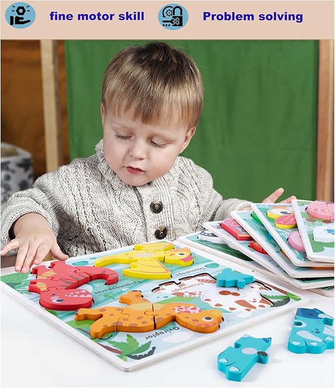 Wooden Jumbo Base Dinosaur Puzzle1-3, Dinosaurs Toys for 2 3 Years Old Boy Girls,Toddler Toys Ages 2-4,Dino Gifts for Boys
