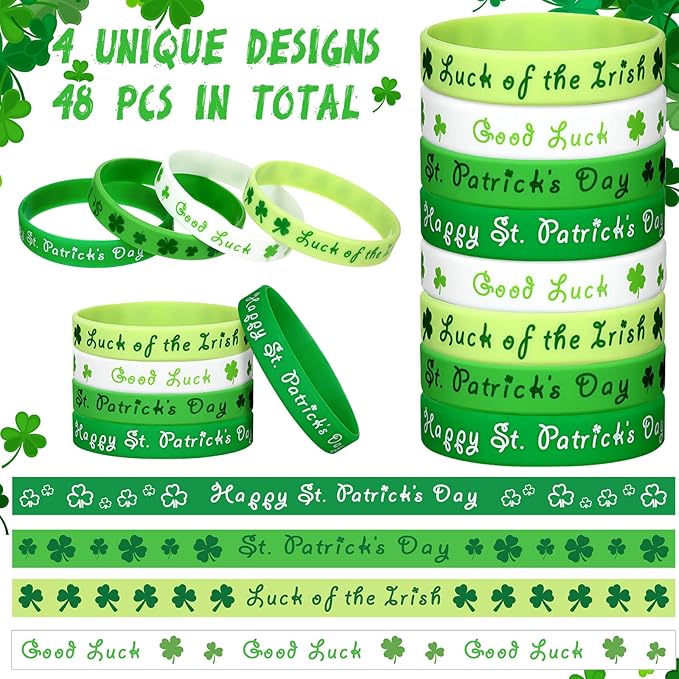 48 Pieces St Patrick's Day Rubber Wristbands St Patrick's Day Accessories Shamrock Bracelets Green Shamrock Irish Bracelets St. Patrick's Day Party Favors Supplies