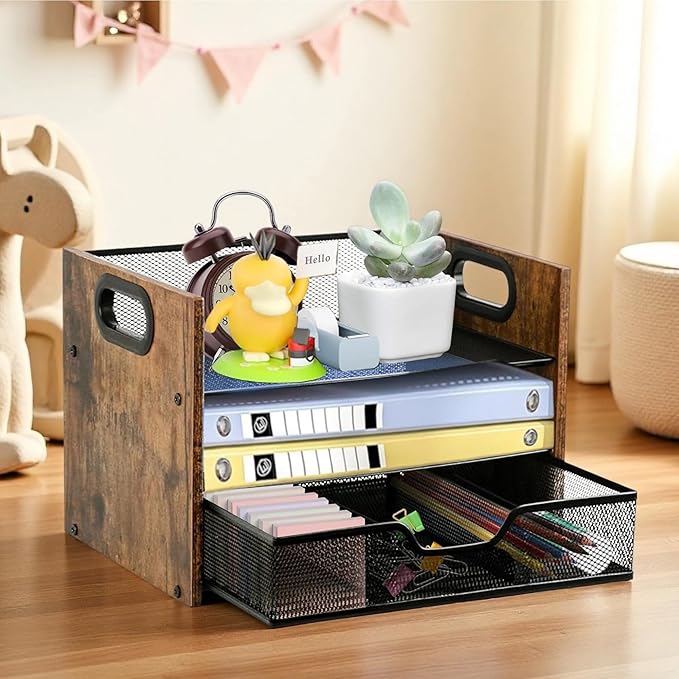 Wood Desk Organizer - 3-Tier Desktop File Organizer with Drawer, Wooden Paper Tray, Office Desk Organzier and Accessories for Papers, Mail, Notebooks, Stationery