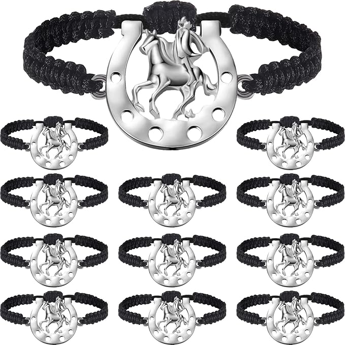 Junkin Horse Bracelets Horse Party Favors Black Braided Bit Charm Handmade String Bangle Kentucky Horse Jewelry Derby Party Supplies Equestrian Gifts for Teen Girls Boys (Cowboy Style, 12 Pieces)