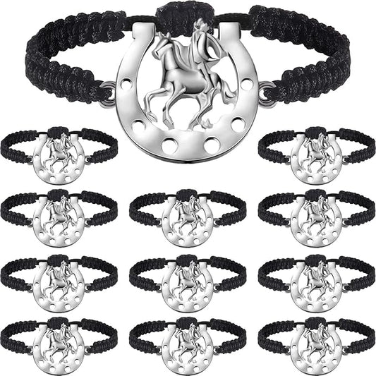 Junkin Horse Bracelets Horse Party Favors Black Braided Bit Charm Handmade String Bangle Kentucky Horse Jewelry Derby Party Supplies Equestrian Gifts for Teen Girls Boys (Cowboy Style, 12 Pieces)