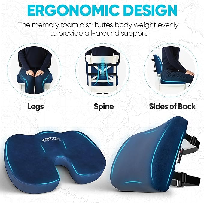 FORTEM Seat Cushion, Office Chair Cushion, Lumbar Support Pillow for Office Chair, Memory Foam Sciatica Coccyx Tailbone Pressure Pain Relief, Car Sitting Pad, Washable Non Slip