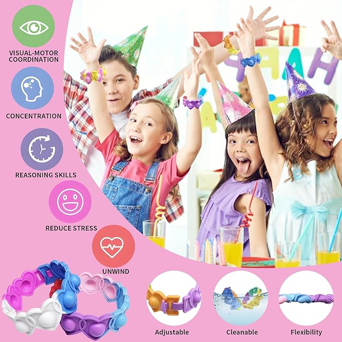 30 Pcs Valentine's Day Pop Bracelets Toys with Cards Heart Pop Bracelets Bubble for Kids School Classroom Prizes, Valentine's School Class Exchange Cards and Kids Party Favors