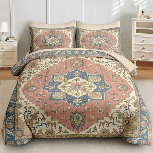 Comforter Set Queen Size, Medallion Floral 7 Pcs Bedding for Kids and Adults, Bohemian Blush Bed Sheet Sets with Fitted Sheet 2 Pillowcases & 2 Shams for Bedroom Bed Decor
