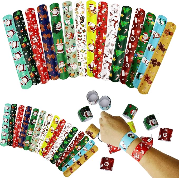 45Pcs Christmas Slap Bracelets for Kids Christmas Slap Bracelets Bulk for Boys and Girls holiday Slap Bracelet Party Supplies Favors Classroom Prizes Exchanging Gifts