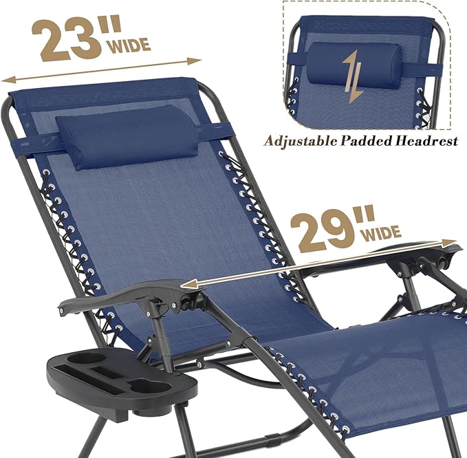 Athena Collection Zero Gravity Outdoor Lounge Chair Set of 2, 29" Width Pool Lounge Lawn Chairs Reclining with Cup Holder, Outdoor Chaise for Beach Patio Backyard Outside, Dark Blue