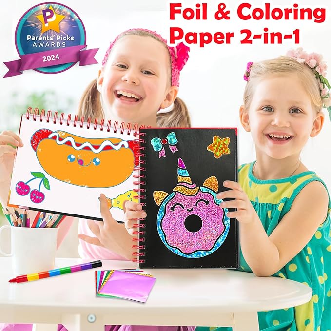 Foil Art Craft Activity for Kids: Fun DIY Toy Sticker Kit, No Mess Creative Travel Supply Set, Idea Birthday Easter Basket Stuffers Valentines Gift for Girl Boy Toddler 4 5 6 7 8 9 Year Old (Food)