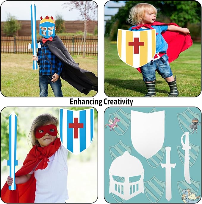 40 Pcs DIY Knight Play Set Includes Blank Cardboard Shields Shield Masks Swords Knife Color Your Own Knight Mask with Handles for School Knight Crafts Play Castle Activities Dramatic Party Decorate