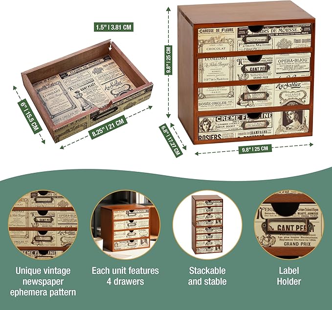 4-Drawer Vintage Ephemera Pattern Desktop Organizer - Arts and Craft Newspaper Design Desk Storage Cabinet - Ephemera Wood Shelf Drawers with Label Holders - Scrapbook Collecting