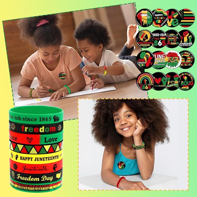 64PCS Happy Juneteenth Day Party Favors Supplies Freedom Day Button Badges Pins Silicone Bracelets for African American Juneteenth Free-ish Since 1865 Party Decorations Bag Stuff Fillers