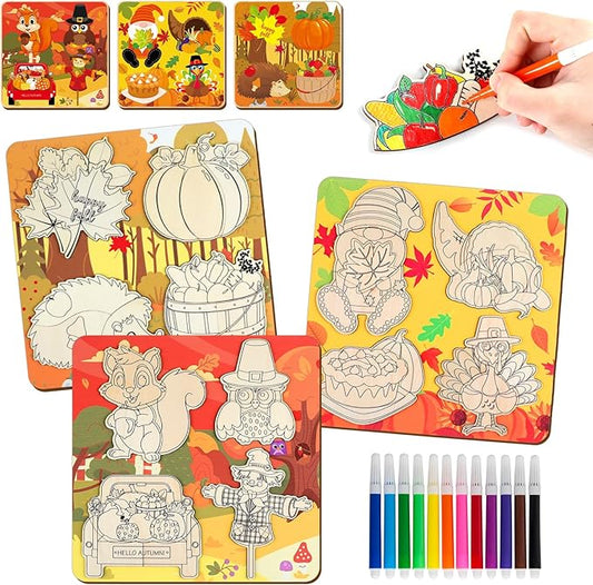 Fall Thanksgiving Wooden Puzzles for Toddlers Autumn Puzzles Coloring Craft Kits for Kids Boys Girls Montessori Toys Harvest Party Favors Treat Bag Gifts Educational Learning Jigsaw Puzzle, 3 Pack