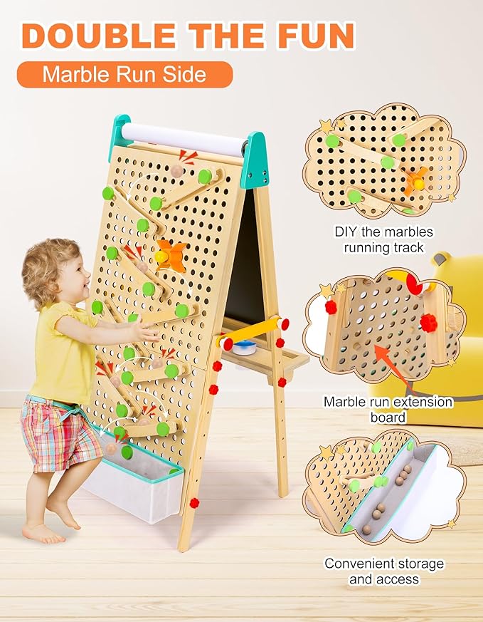 Kids Easel Wooden Marble Run for Kids, 4-in-1 Toddler Art Easel for Kids 3+ Painting Station Stand Drawing, Double-Sided 6 Heights Black Chalkboard Magnetic Whiteboard Paper Roll Holder