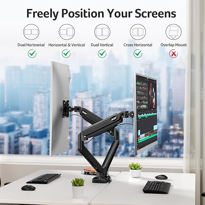 Acer Dual Monitor Arm, Computer Desk Arm with VESA Mounts for 17–32″ Screens, Fully Adjustable Gas Spring Monitor Stand, C-Clamp and Grommet Mounting Base, Fits 4.4 to 19.8lbs Computer Monitors