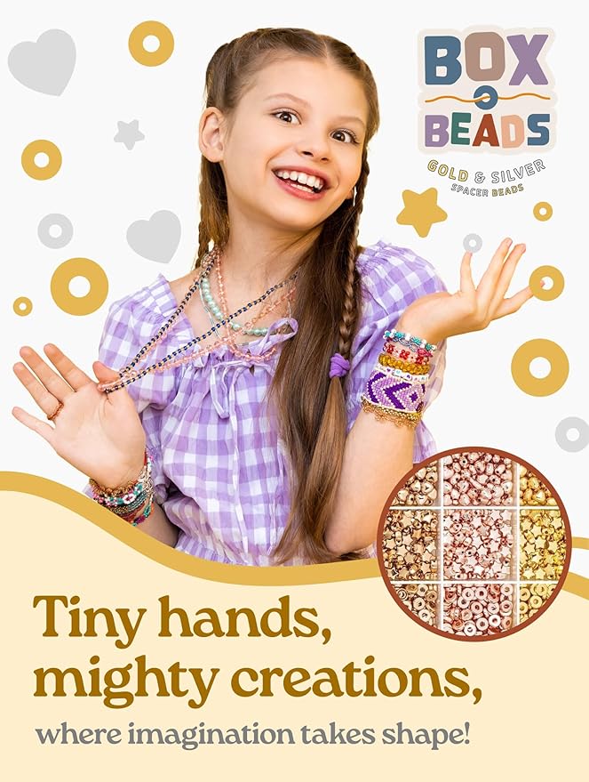 3000 Piece Gold Spacer Beads Set for Bracelet Making, Metallic, Rose, Yellow Gold and Silver Round, Stars and Hearts for Jewelry Making for Teens Adults, Friendship Bracelet Kit