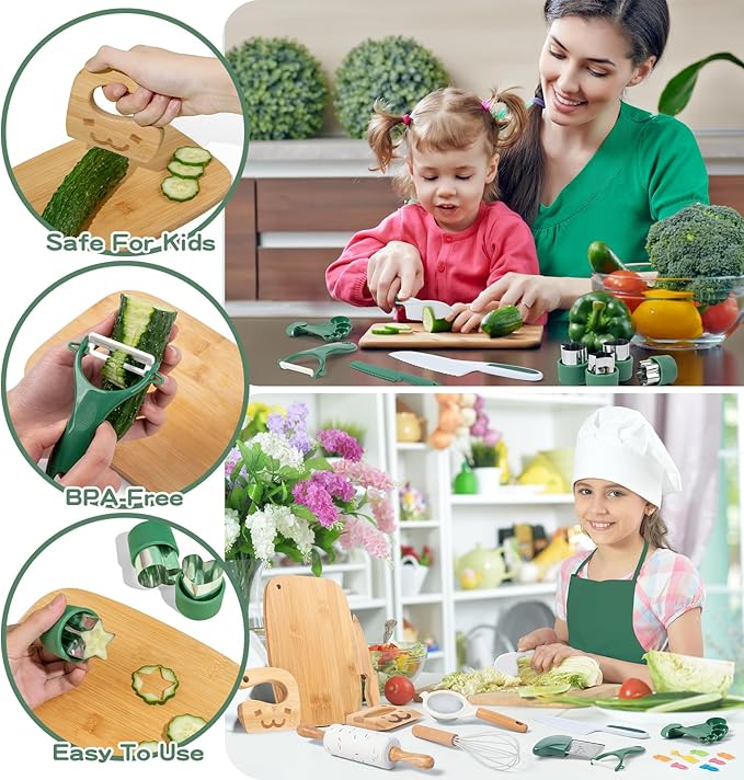 20 PCS Kids Safe Knife Set for Real Cooking, Montessori Kitchen Tools for Toddlers, Cooking & Baking Set for Kids Little Chefs, Kids Kitchen Knife Set, Crinkle Cutter, Kids Apron for Girls Boys