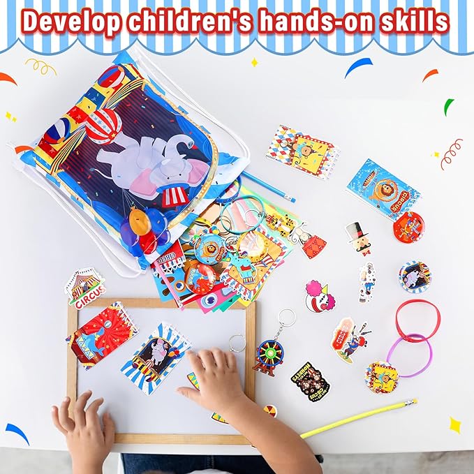 Cholemy 91 Pcs Circus Carnival Party Favors Include Circus Clown Animal Keychains Rubber Bracelets Stickers Button Pins Mini Notebooks Drawstring Bags Backpack Flexible Soft Pencil for Party