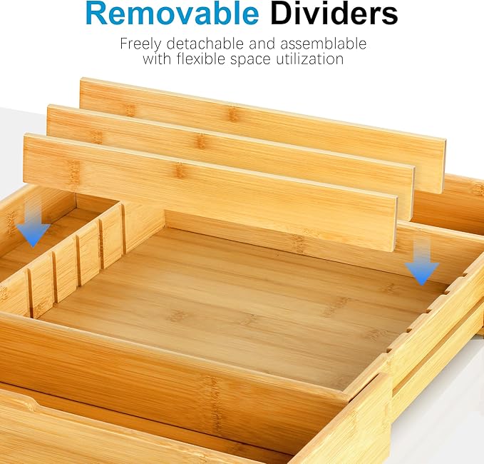 STS SELECTED Bamboo Expandable Silverware Organizer - Adjustable Cutlery Tray with 3 Removable Dividers & 5 Tracks, Drawer Organizer for Utensils, Stationery, Tools (12.6" to 20.5")