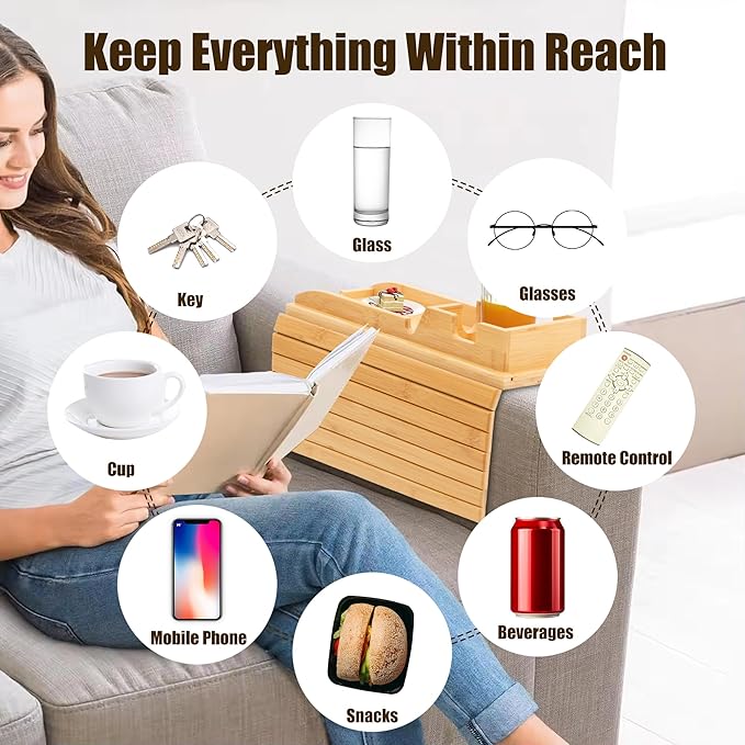 Bamboo Couch Cup Holder, Foldable and Anti-Slip Sofa Arm Table with Detachable Sofa Arm Organizer Tray, Portable 2 in 1 Sofa Armrest Tray for Drink, Coffee, Cup, Remote, Snacks, Cellphone, Glasses