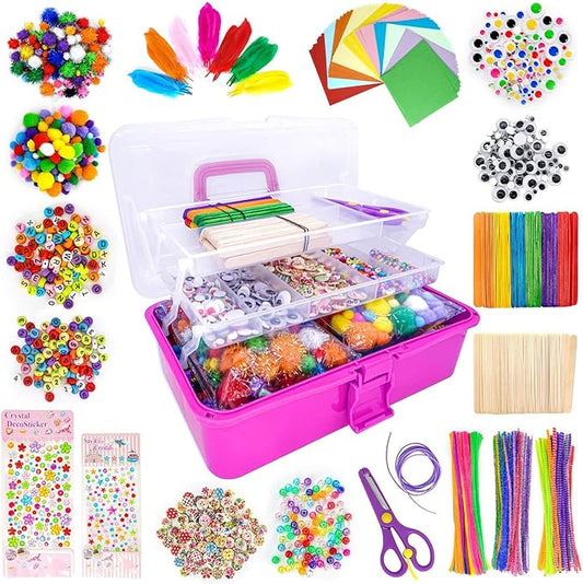 1405 Pcs Art and Craft Supplies for Kids, Toddler DIY Craft Art Supply Set Included Pipe Cleaners, Pom Poms, Feather, Folding Storage Box - All in One for Craft DIY Art Supplies, Rose Red