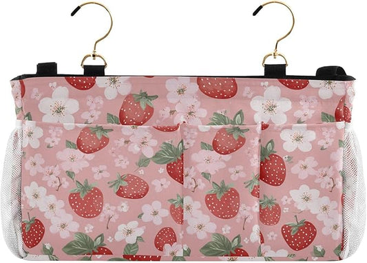 Pink Blossoms and Strawberries Bedside Caddy for Dorm Bed Bedside Hanging Caddy Bag Iron Frame Storage Organizer Pocket for Bunk Home College Hospital Beds 2 Hooks