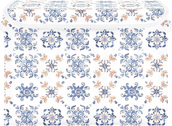 senya Large Storage Bins with Linen Collapsible Foldable Storage Cubes Fabric Closet Organizer Containers box with Flip-Top Lid for Home Bedroom Office 16.7 x 12.6 x 11.8in (Dutch Tiles)