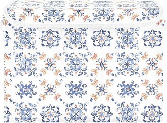 senya Large Storage Bins with Linen Collapsible Foldable Storage Cubes Fabric Closet Organizer Containers box with Flip-Top Lid for Home Bedroom Office 16.7 x 12.6 x 11.8in (Dutch Tiles)