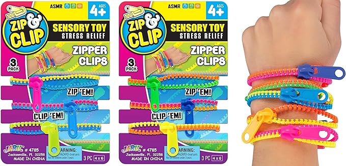 JA-RU Triple Fidget Zipper Bracelet (6 Bracelets in 2 Packs) 7.5" Neon Colors Fidget Toy for Kids Friendship Bracelet, Hand Accessories Sensory Toys Party Favors for Girls. 4785-2s
