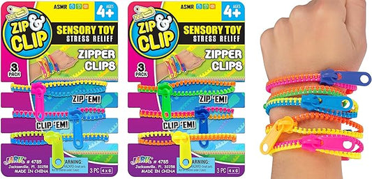 JA-RU Triple Fidget Zipper Bracelet (6 Bracelets in 2 Packs) 7.5" Neon Colors Fidget Toy for Kids Friendship Bracelet, Hand Accessories Sensory Toys Party Favors for Girls. 4785-2s