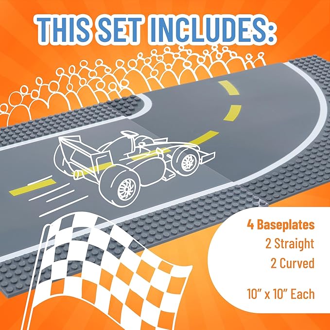 Strictly Briks Compatible with Lego Building Blocks Road Plates 10" x 10", 4 Pack Kids Brick Baseplates for City Road, Street, Race Track, Towns, Classic Size (2 Straight & 2 Curved)