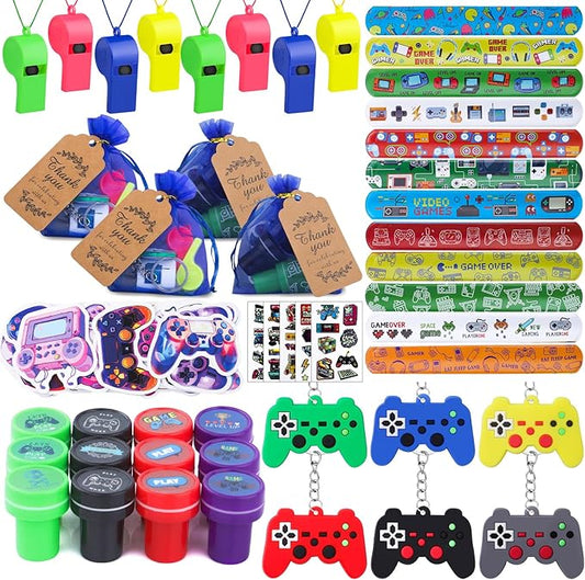 134 Pcs Video Game Party Favors, Includes Video Game Slap Bracelet Keychain Stamper Whistle Mesh Bag Card Stickers Tattoos for Kids Gaming Party Favors Birthday Goodie Bag Fillers
