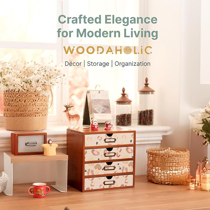 Leopard Print Wooden Desk Organizer - Animal Pattern 4-Drawer Desktop Storage - Modern & Rustic Wood Cabinet for Office Supplies, Craft Tools, & Home Organization - Artistic Drawer Unit