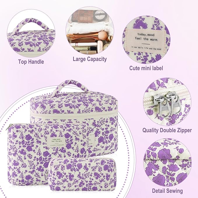 URSKYTOUS 3Pcs Cotton Quilted Makeup Bag for Women Girls Large Small Travel Portable Cosmetic Bag Set Cute Purple Floral Zipper Make Up Pouch Coquette Aesthetic Storage Toiletry Organizer Case