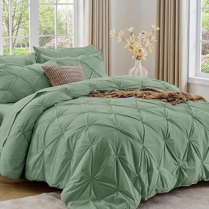 Sasttie California King Comforter Set, 7-Piece Bed in a Bag Cal King, Pintuck Bedding Set for All Season, Includes Comforter, Flat Sheet, Fitted Sheet, Pillowcases and Pillowshams, Sage Green