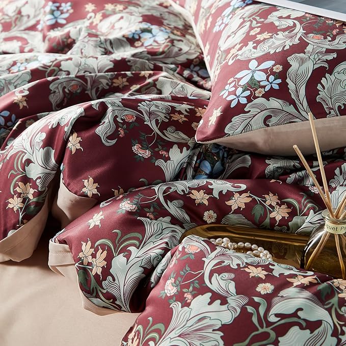 Red Floral Duvet Cover Set,5 PCS Colorful Blossom Print Comforter Covers Set,Queen Duvet Cover,Soft Bedding Set,Reversible Design(Summer,Queen)