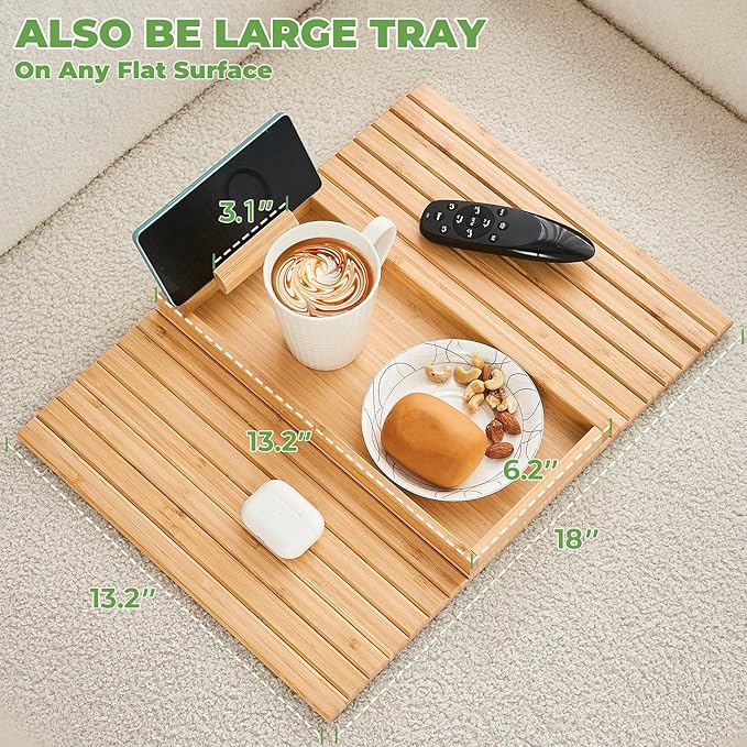 Bamboo Sofa Arm Tray, Anti Falling Couch Arm Tray Armrest Table with 360° Rotating Phone Holder, Foldable and Portable Sofa Armrest Trays Cup Holder for Drink,Cups, Phone, Snacks, Remote