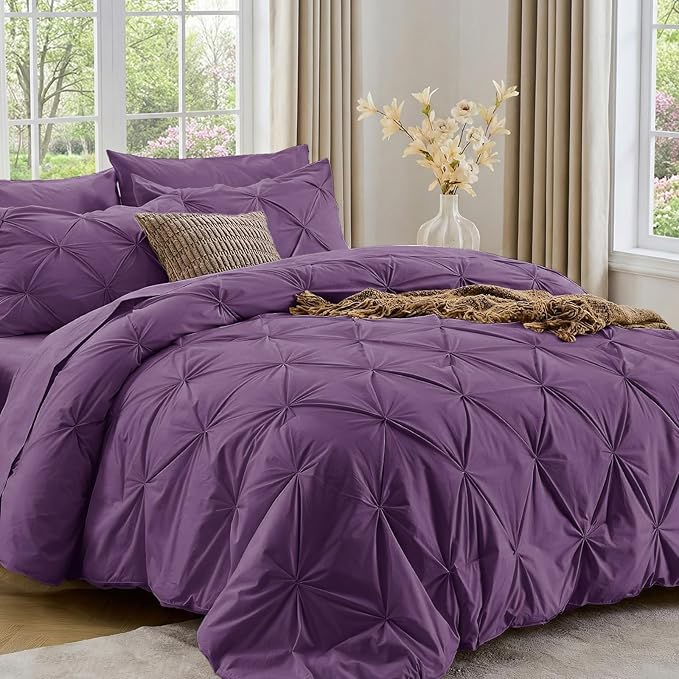 Sasttie California King Comforter Set, 7-Piece Bed in a Bag Cal King, Pintuck Bedding Set for All Season, Includes Comforter, Flat Sheet, Fitted Sheet, Pillowcases and Pillowshams, Grape Purple