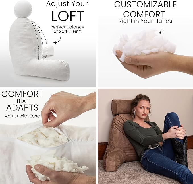 Husband Pillow XXL Aspen Edition, Adult Reading Sit Up Bed Rest Pillow for Bed with Arms & Neck Roll on Bungee Cord - Premium Memory Foam - Reversible 2 Sided Cover Micro Suede or Plush, Saddle Brown