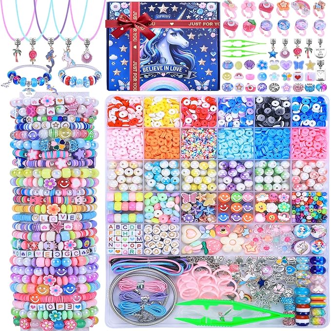 3200 Pcs Unicorn Jewelry Activity Kit,Clay Beads Bracelet Making Kit,Flat College Style Beading for Friendship Jewelry Making,Crystal Time Gem Ring Gifts,DIY Crafts for Teen Girls(Sapphire blue)