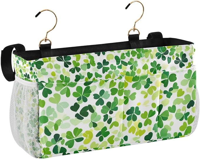 Bright Green Clover St. Patrick Bedside Caddy for Dorm Bed Bedside Hanging Caddy Bag Iron Frame Storage Organizer Pocket for Bunk Home College Hospital Beds 2 Hooks