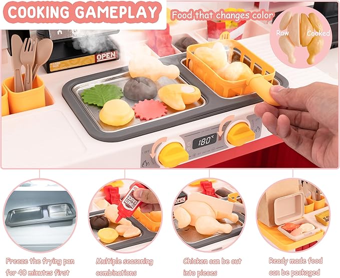 Kids Kitchen Play Set，Interactive Kids Kitchen Play Set with 82Pcs of Kitchen Toys，Realistic Sound Effects，and Simulated Functionality - Suitable for Toddlers (Red Kitchen Play Set)