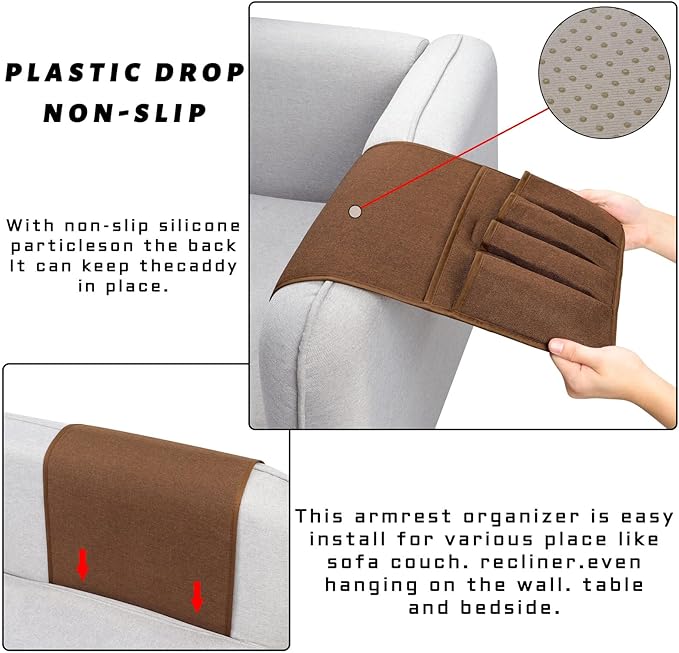 NB Sofa Armrest Organize remote holder bedside caddy organizer with 5 pockets，non-slip couch remote control holder couch armchair caddy accessories (Brown, 35"x12.4")