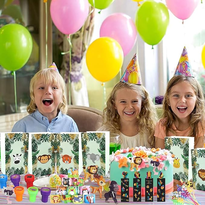 158PCS Jungle Safari Party Favors Set – Wild Animals Goodie Bag Stuffers, Masks, Straws, Stamps, Keychains, Gift Bags, Assembly Toys for Kids Birthday Party, Boys & Girls Party Favors