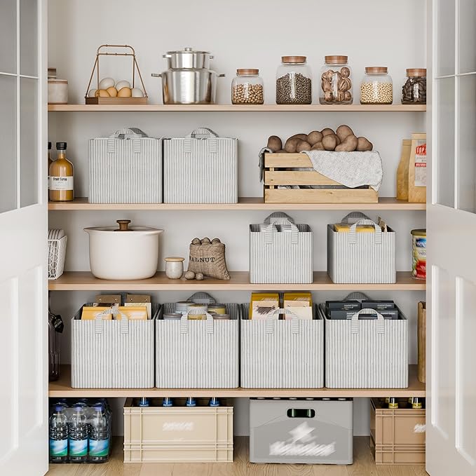 StorageWorks Storage Bins, Fabric Storage Bins for Shelves, Large Storage Baskets with Metal Frame, Closet Baskets and Bins with Handles, Khaki and Beige Stripes, 2-Pack