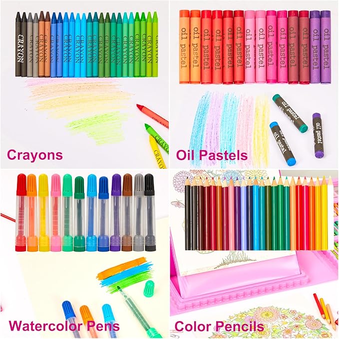 KINSPORY Art Supplies, 290 Pack Art Sets Crafts Drawing Coloring kit, Double-Side Trifold Easel, Oil Pastels, Crayons, Colored Pencils, Creative Gift for Beginners Artists Girls Boys Kids (Pink)