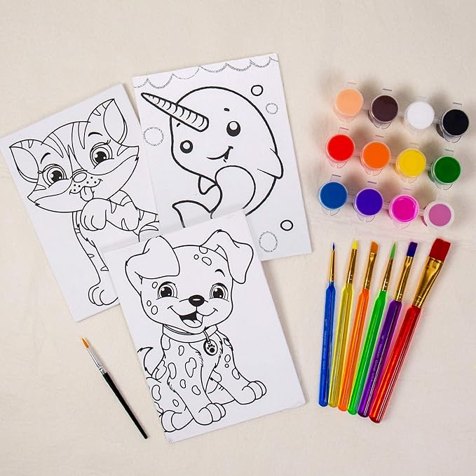 Horizon Group USA Pre-Printed Canvas & Paint Art Set, Ready to Paint 5" X 7" Canvas Panels, 12 Tempera Paints, 6 Easy-Grip Assorted Paintbrushes Included. Dog, Cat, Glitter Narwhal.