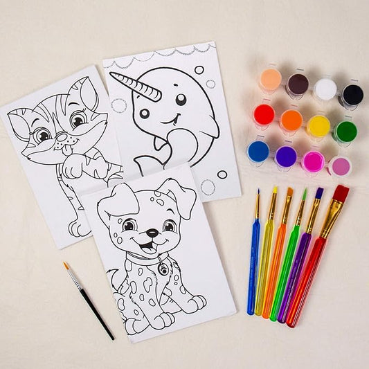 Horizon Group USA Pre-Printed Canvas & Paint Art Set, Ready to Paint 5" X 7" Canvas Panels, 12 Tempera Paints, 6 Easy-Grip Assorted Paintbrushes Included. Dog, Cat, Glitter Narwhal.