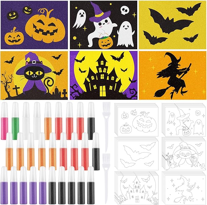 30 Sets Halloween Sand Art Kits for Kids DIY Halloween Craft Pumpkin Witch Sand Painting Colored Sand Art Painting Cards Set for Children DIY Arts Halloween Theme Party Painting Activity