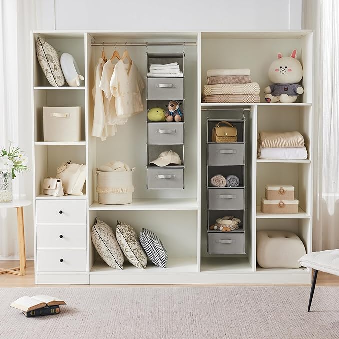 MAX Houser 6 Tier Shelf Hanging Closet Organizer, Closet Hanging Shelf with 2 Sturdy Hooks for Storage, Foldable (Light Grey-D3)